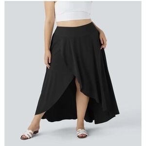 Halara Breezeful High Waisted High-Low Ruffle 2-in-1 Flowy Midi Skirt 2X Black